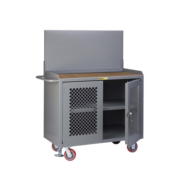 Mobile Bench, 36"W, 2 Perf Doors, Center Shelf, Pegboard, Hardboard